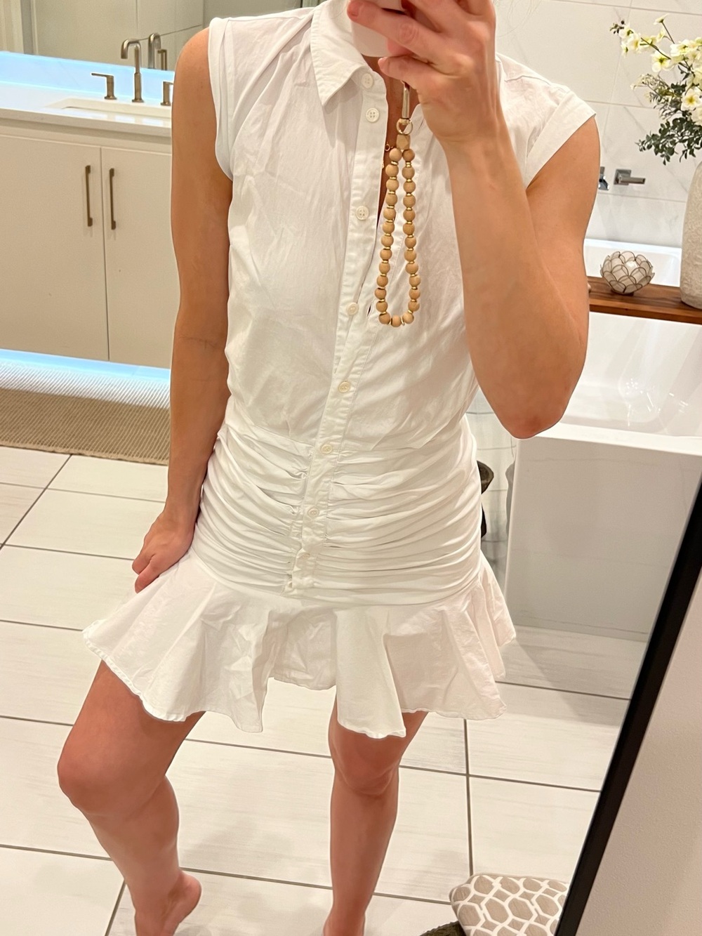 Veronica Beard White Sleeveless Shirt Dress with Ruffle Hem